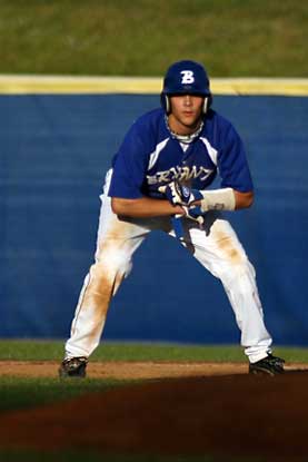 Garrett Bock leads off first in a recent Bryant game. (Photo by Rick Nation)