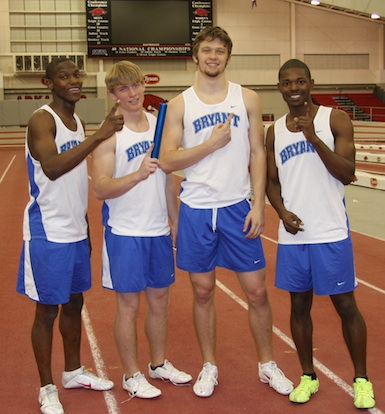 Bryant's winning 1600 meter relay team, from left, Kendrick Farr, Tyler Freshour, Stanley Oxner, and James Glasper. (Photo by Carla Thomas)