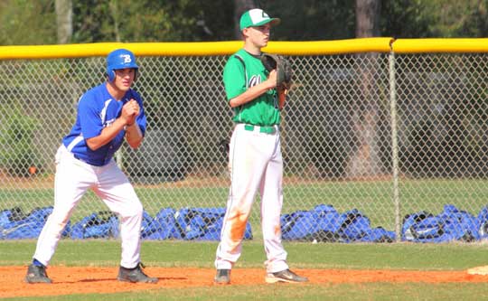Hunter Mayall leads off from first base during Friday's game. (Photo by Phil Pickett)