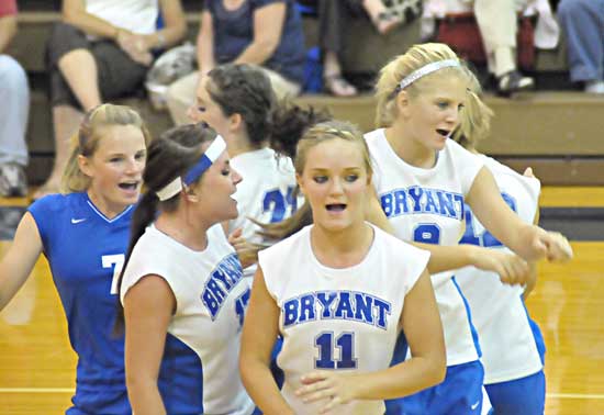 The Bryant Lady Hornets celebrate a point during their match with Malvern on Thursday. (Photo by Kevin Nagle)