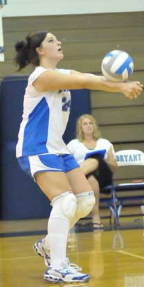 Haley Sherrill receives a serve during the JV game. (Photo by Kevin Nagle)