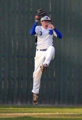 Tyler Green makes a leaping catch in center field. (Photo by Kevin Nagle)