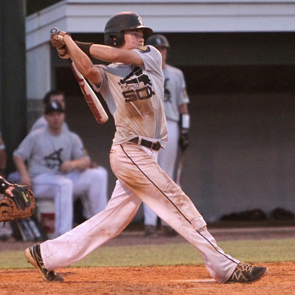 Evan Lee follows through on the RBI single that ended Monday's second game. (Photo by Rick Nation)