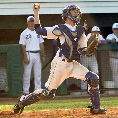 Trey Breeding threw out two would-be base-stealers against Sheridan. (Photo by Rick Nation)