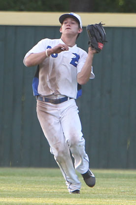 Drew Tipton hauls in a pop in shallow left field. (Photo by Rick Nation)