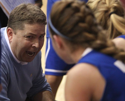 Brad Matthews instructs his team during a timeout. (Photo by Rick Nation)